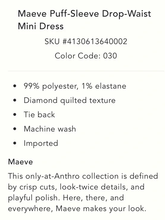 NWT Maeve Puff-Sleeve Drop-Waist
Mini Dress - Picture 5 of 6